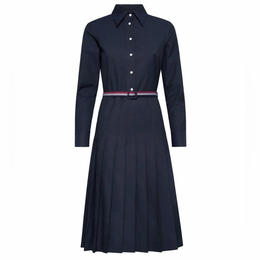 Thom Browne pleated shirt dress knee length Long Sleeve velvety cotton Navy Blue